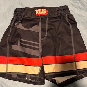 Black Athletic Shorts with Red and Beige Stripes
